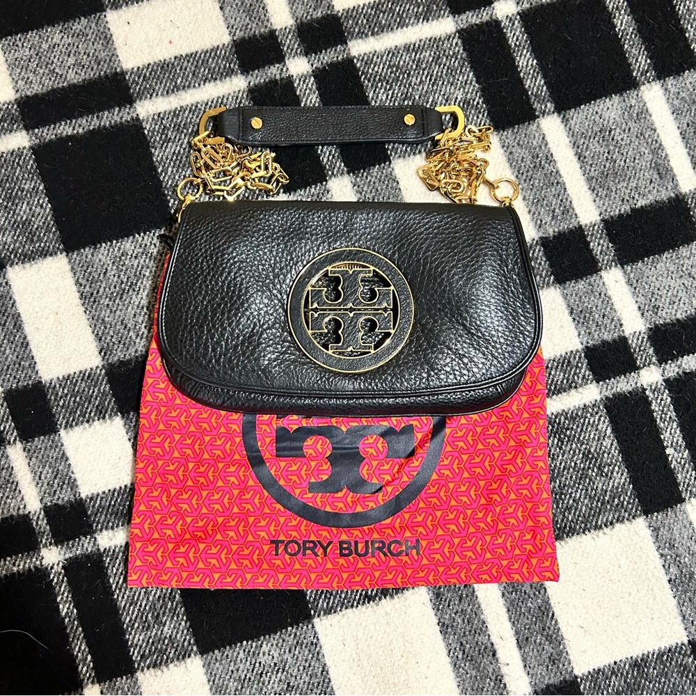Tory Burch Black and Gold Amanda Clutch Crossbody